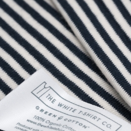 organic cotton label on navy pinstripe cotton